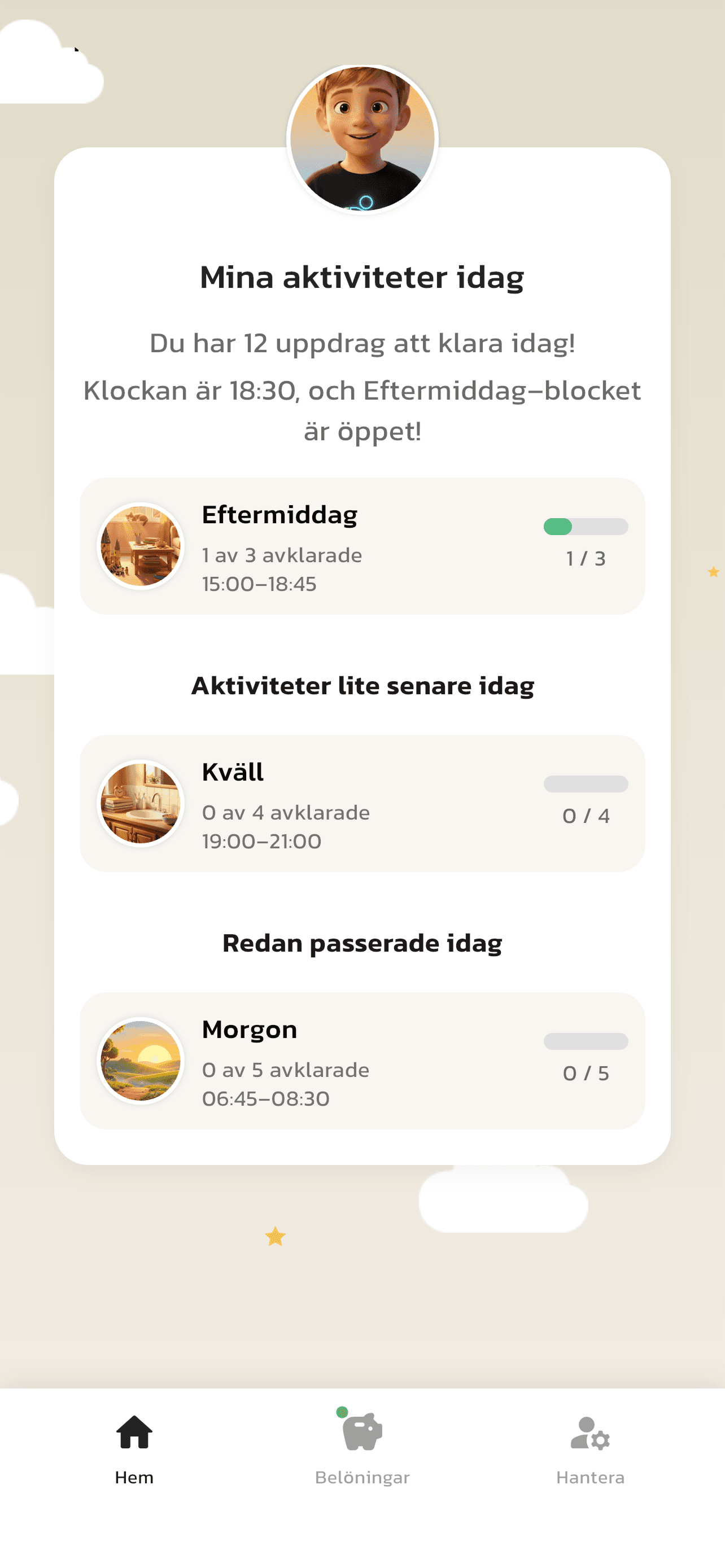 Barnets vy i appen Rutinerad med rubriken "Mina aktiviteter idag". Skärmen visar tydliga block för eftermiddag, kväll och morgon med framstegsmätare för avklarade uppgifter.